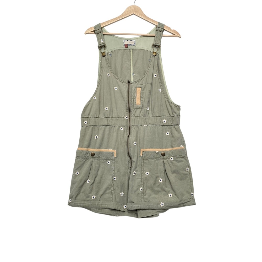Pilcro Anthropologie Sage Green Floral Embroidered Zip Front Romper Size Large